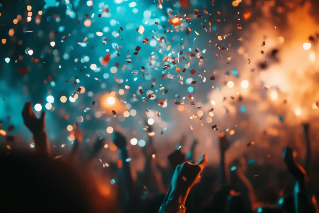 silhouetted crowd with hands raised amidst falling confetti